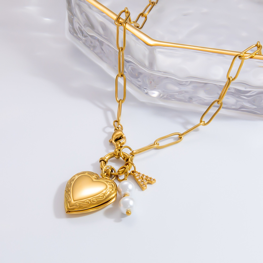 1 Piece Classic Series Porcelainous Heart Random Letters Stainless Steel Gold Color Artificial Pearl Women's Pendant Necklaces h5Picture3