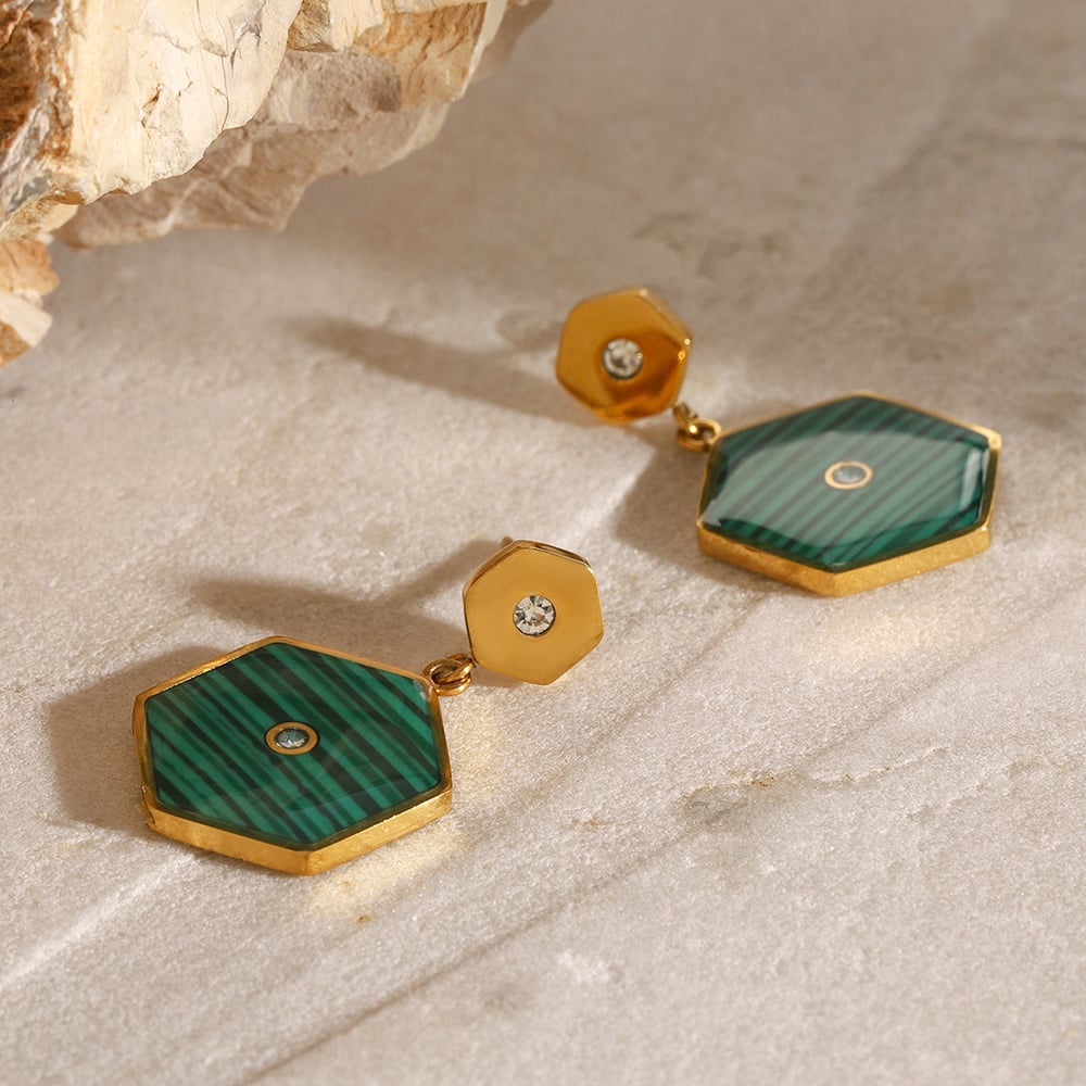 1 pair simple series elegant hexagon stainless steel  gold plated rhinestone women drop earrings Picture6