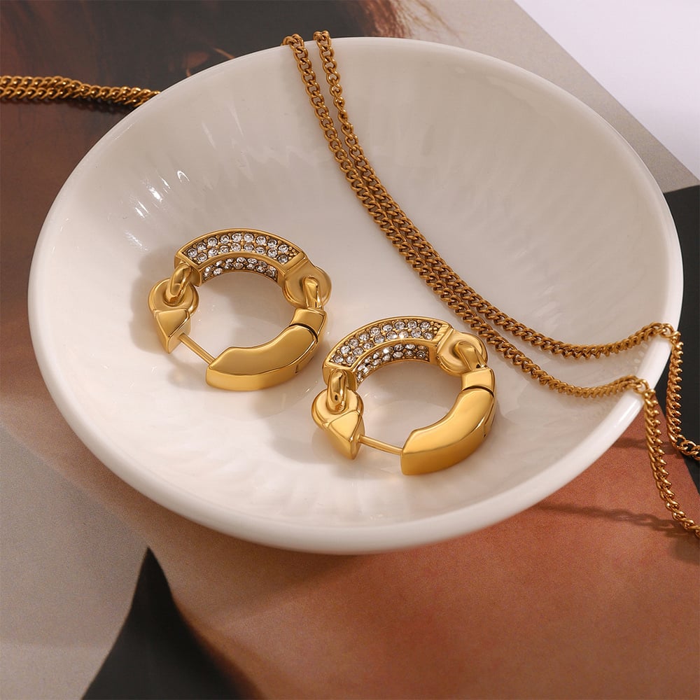 1 pair simple series elegant annular stainless steel  gold plated rhinestone women hoop earrings Picture6