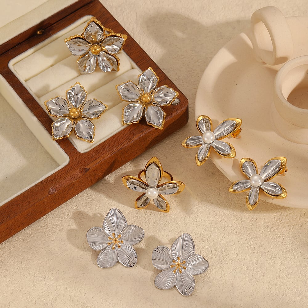 1 pair simple series daily flower stainless steel  gold plated women earrings set Picture3