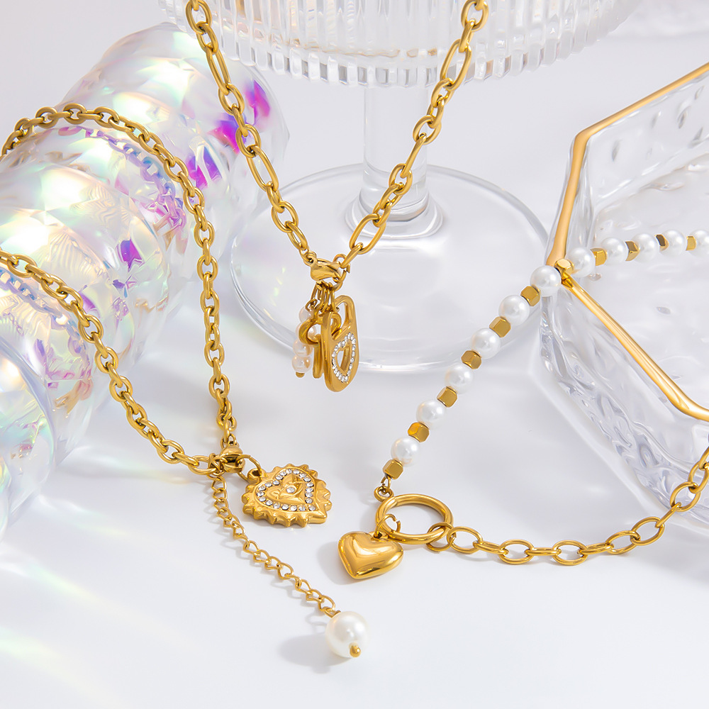 1 piece luxurious series elegant heart stainless steel  gold color plated artificial pearl women's pendant necklaces h5Picture4