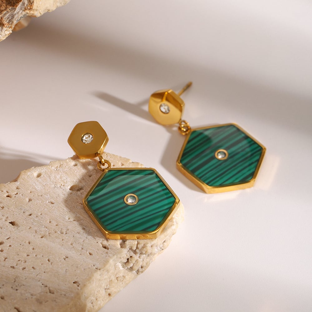 1 pair simple series elegant hexagon stainless steel  gold plated rhinestone women drop earrings Picture7