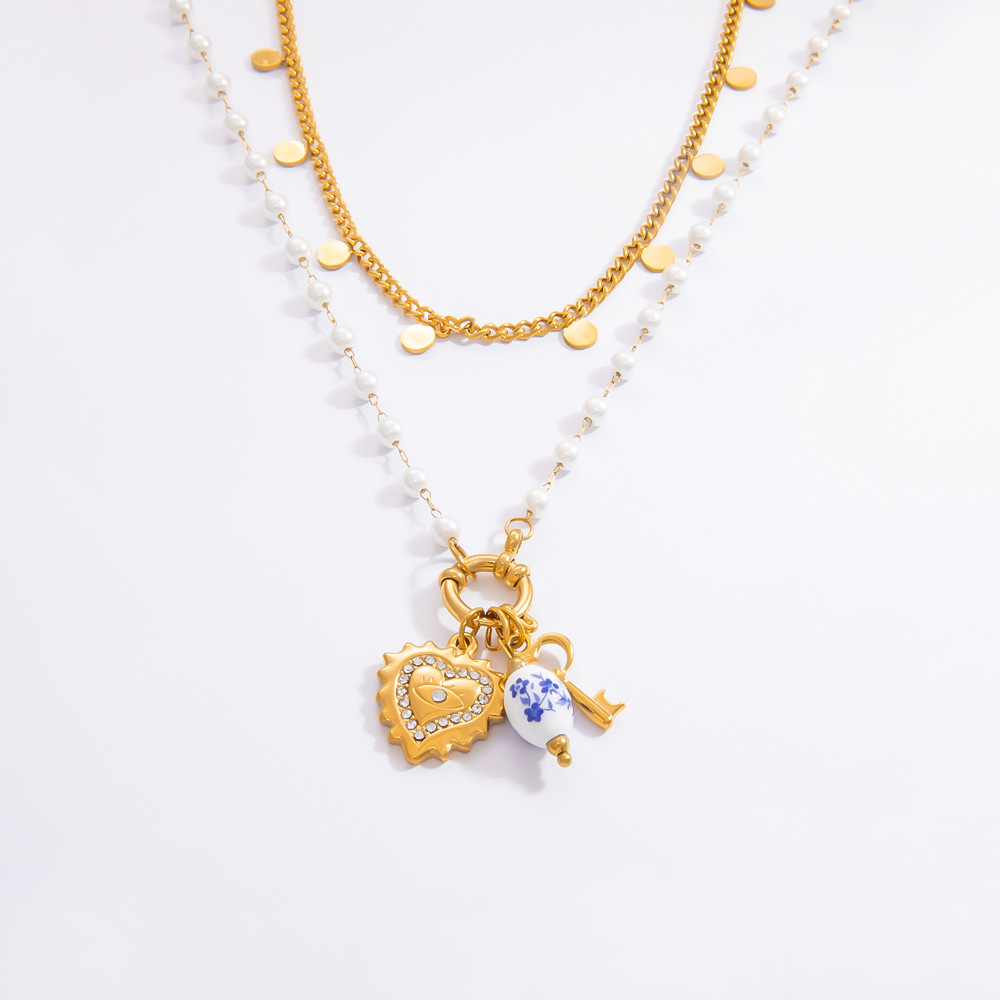 1 piece ethnic series elegant heart stainless steel  gold color plated artificial pearl women's pendant necklaces h5Picture7