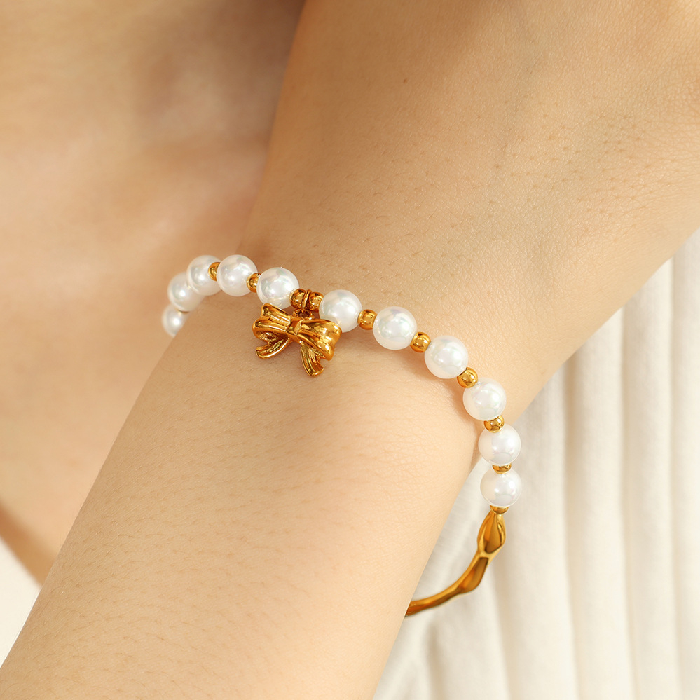 1 piece classic series retro bow knot stainless steel  gold plated artificial pearl women beaded bracelets h5Picture6
