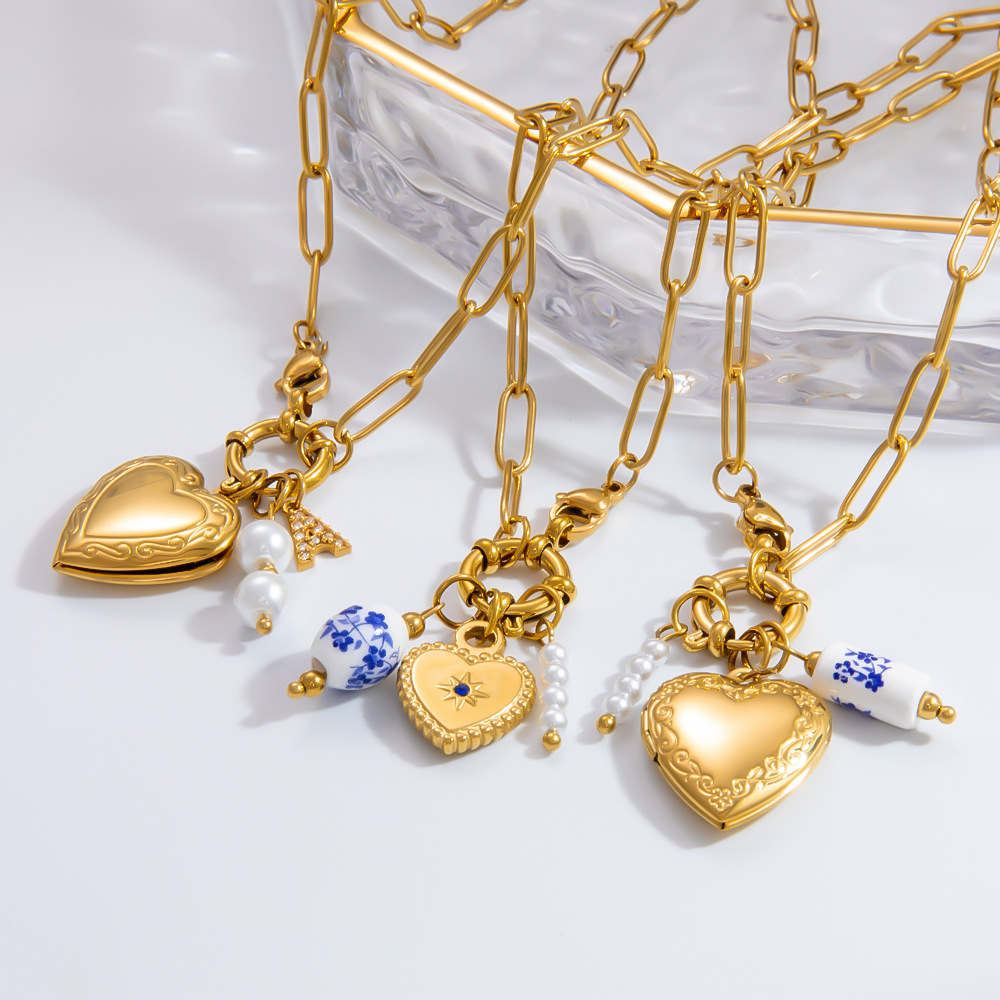 1 Piece Classic Series Porcelainous Heart Random Letters Stainless Steel Gold Color Artificial Pearl Women's Pendant Necklaces h5Picture7
