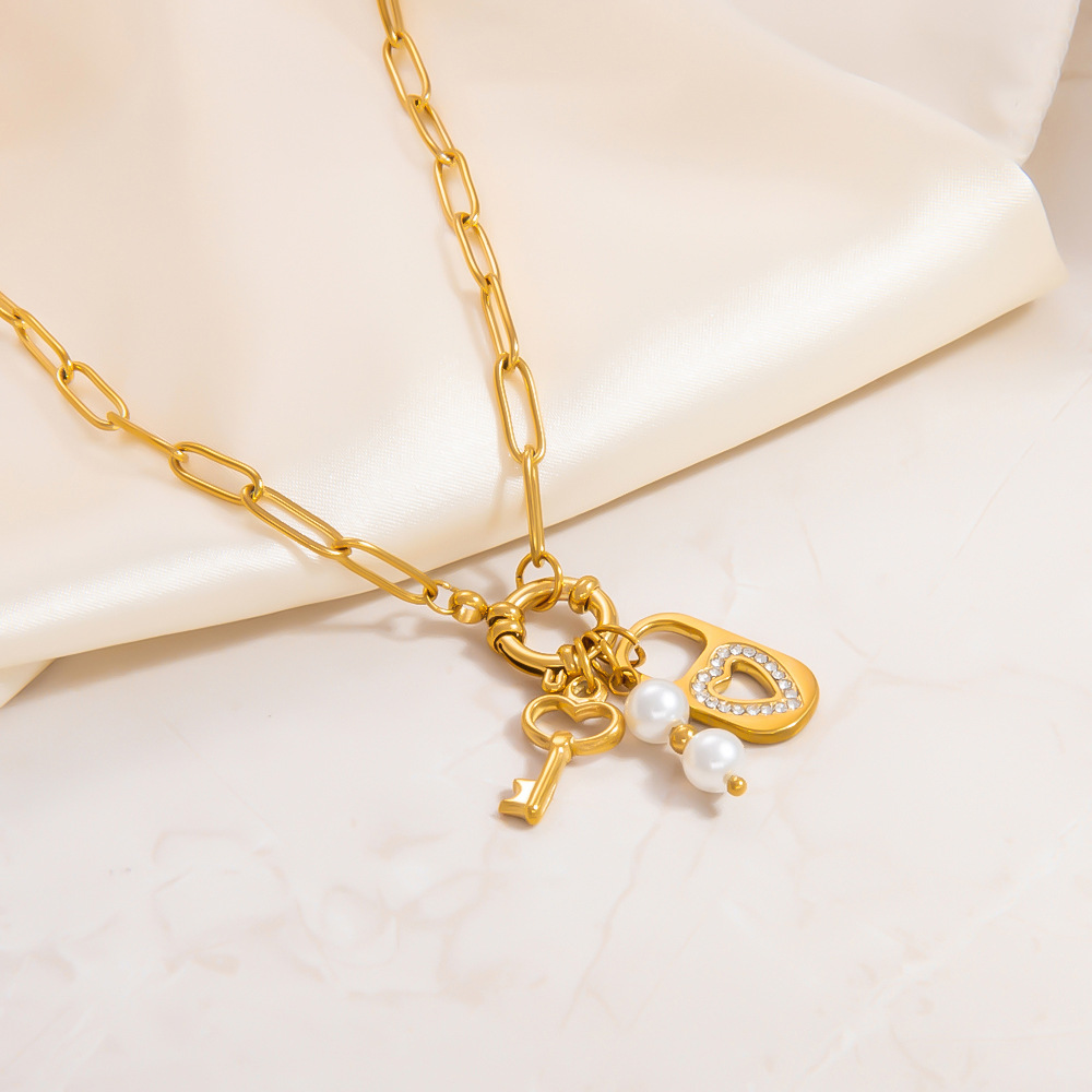 1 piece classic series retro lock and key stainless steel  gold color plated rhinestone women's pendant necklaces h5Picture6