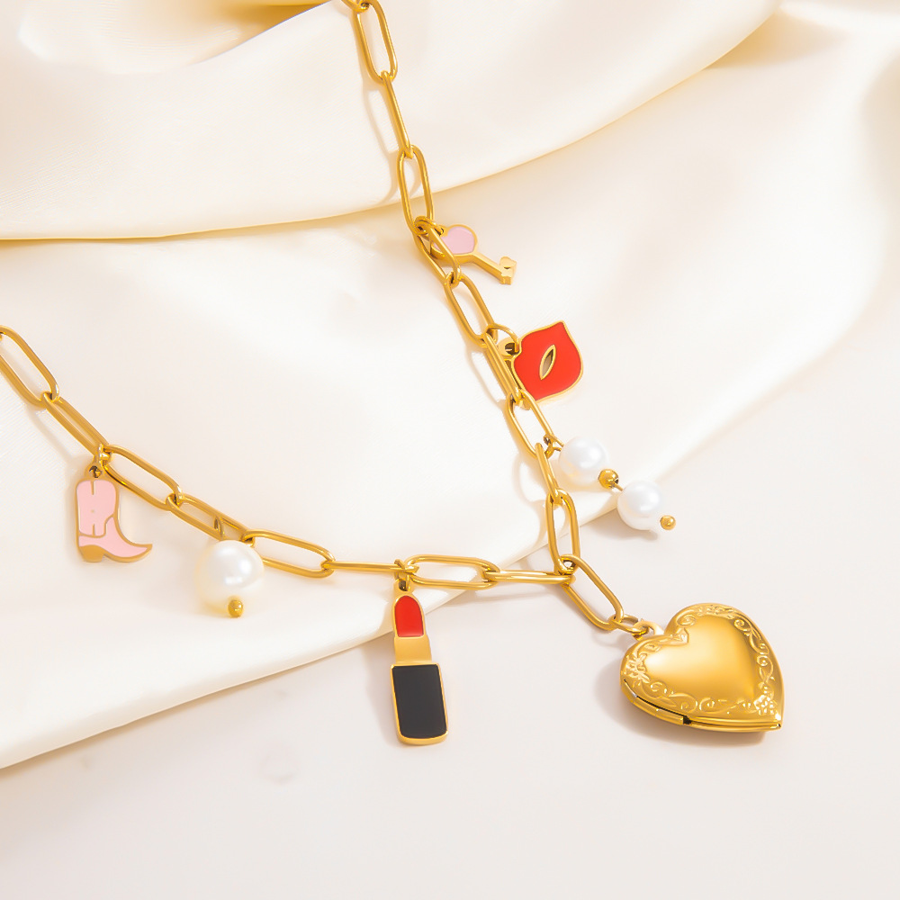 1 piece romantic series classic heart stainless steel  gold color plated artificial pearl women's pendant necklaces h5Picture3