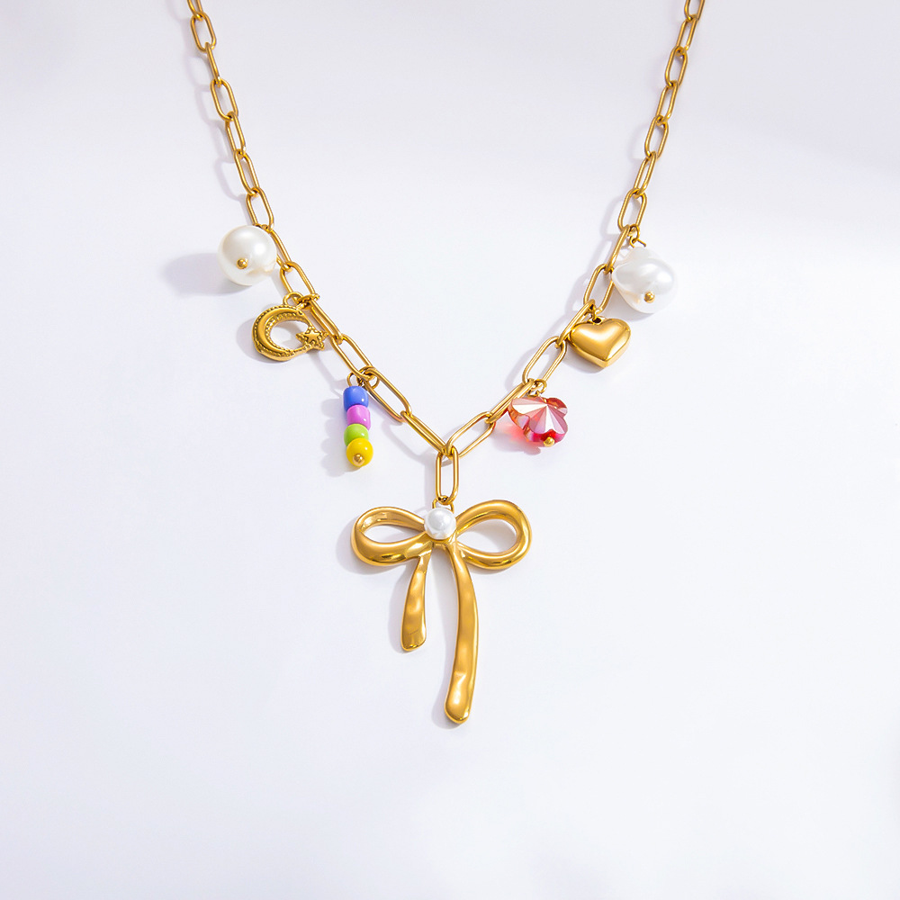 1 piece romantic series sweet bowknot stainless steel  gold color plated artificial pearl women's pendant necklaces h5Picture3