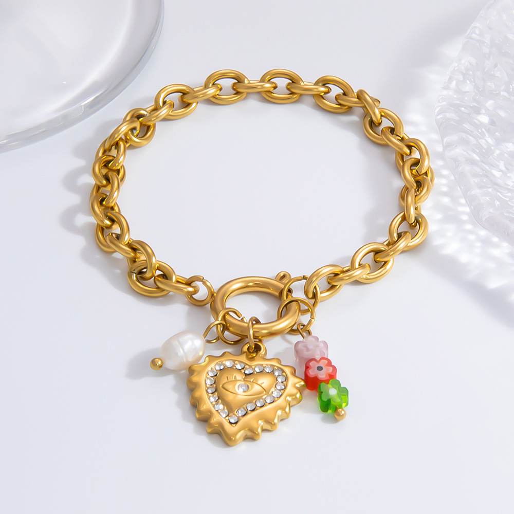 1 piece classic series daily heart stainless steel  gold color plated rhinestone women's charm bracelets h5Picture6