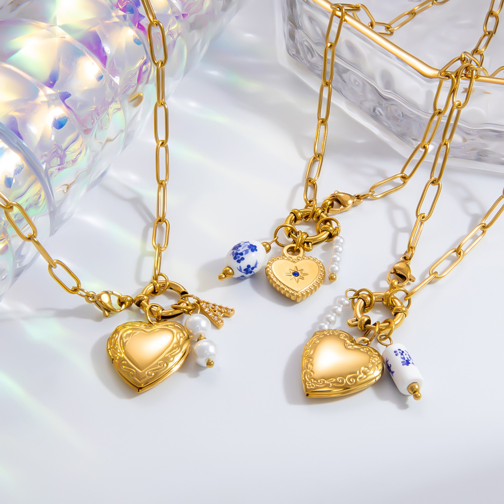 1 Piece Classic Series Porcelainous Heart Random Letters Stainless Steel Gold Color Artificial Pearl Women's Pendant Necklaces h5Picture6