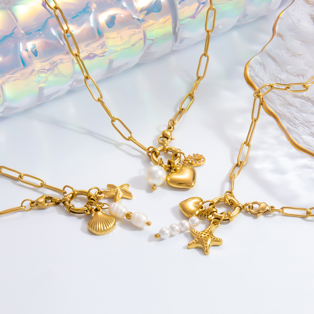 1 piece classic series stylish heart stainless steel  gold color plated artificial pearl women's pendant necklaces h5Picture5