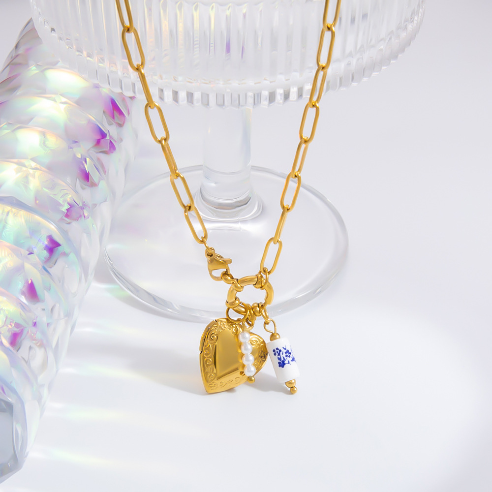 1 Piece Classic Series Porcelainous Heart Random Letters Stainless Steel Gold Color Artificial Pearl Women's Pendant Necklaces h5Picture5