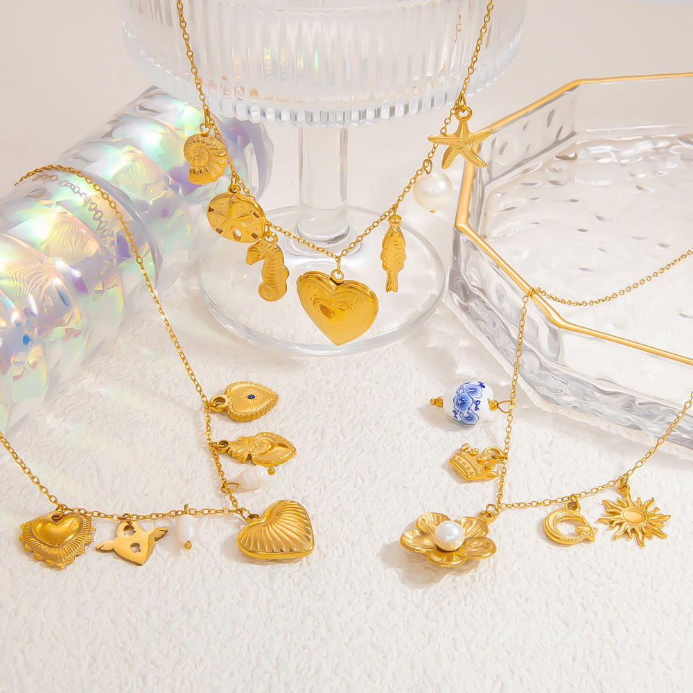 1 piece romantic series natural heart stainless steel  gold color plated artificial pearl women's pendant necklaces h5Picture3