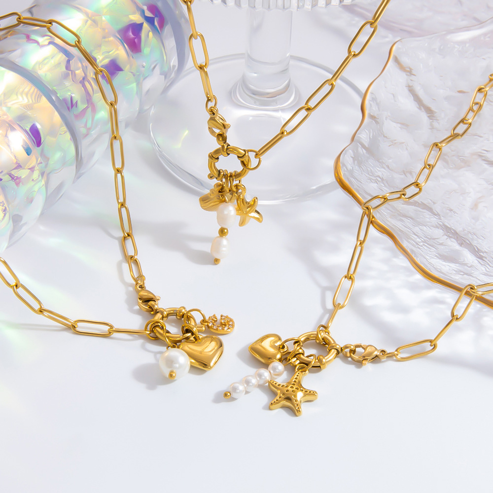 1 piece simple series elegant heart stainless steel  gold color plated artificial pearl women's pendant necklaces Picture4