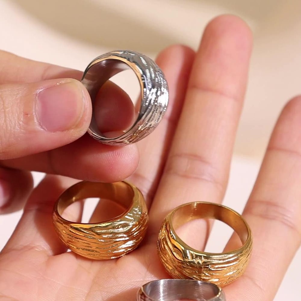 1 pair simple series retro strip titanium steel  gold color plated women's single rings h5Picture7