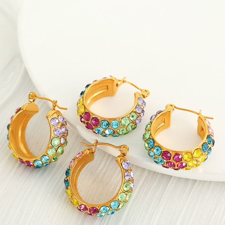 1 pair luxurious series simple geometric stainless steel gold color plated rhinestone women's hoop earrings h5Picture4