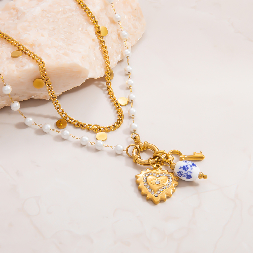 1 piece ethnic series elegant heart stainless steel  gold color plated artificial pearl women's pendant necklaces h5Picture9