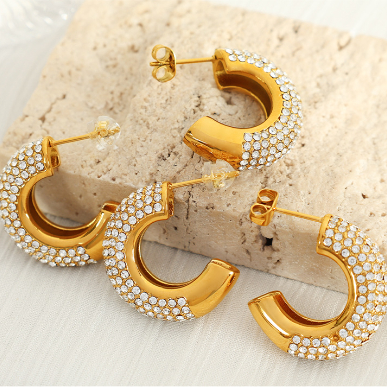 1 pair luxurious series simple geometric stainless steel gold color plated rhinestone women's hoop earrings h5Picture6