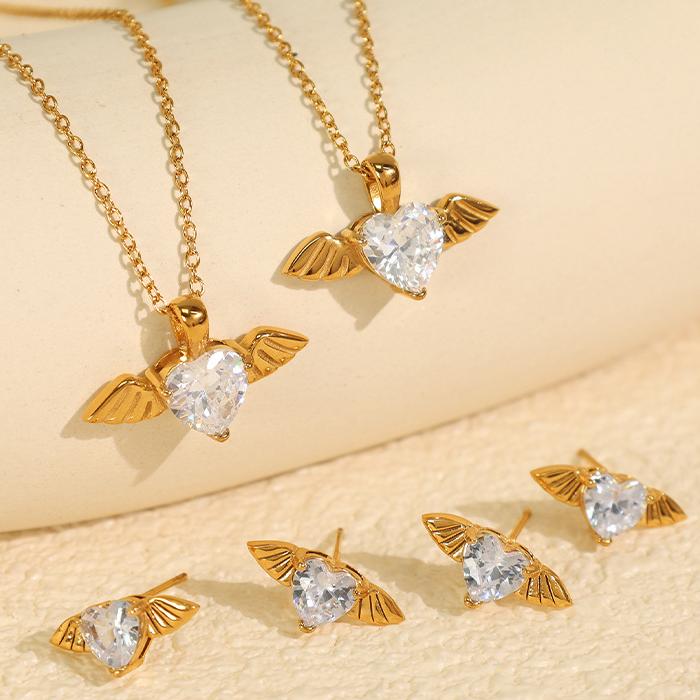 1 piece luxurious series elegant heart wings titanium steel  gold color plated rhinestone women's pendant necklaces h5Picture5