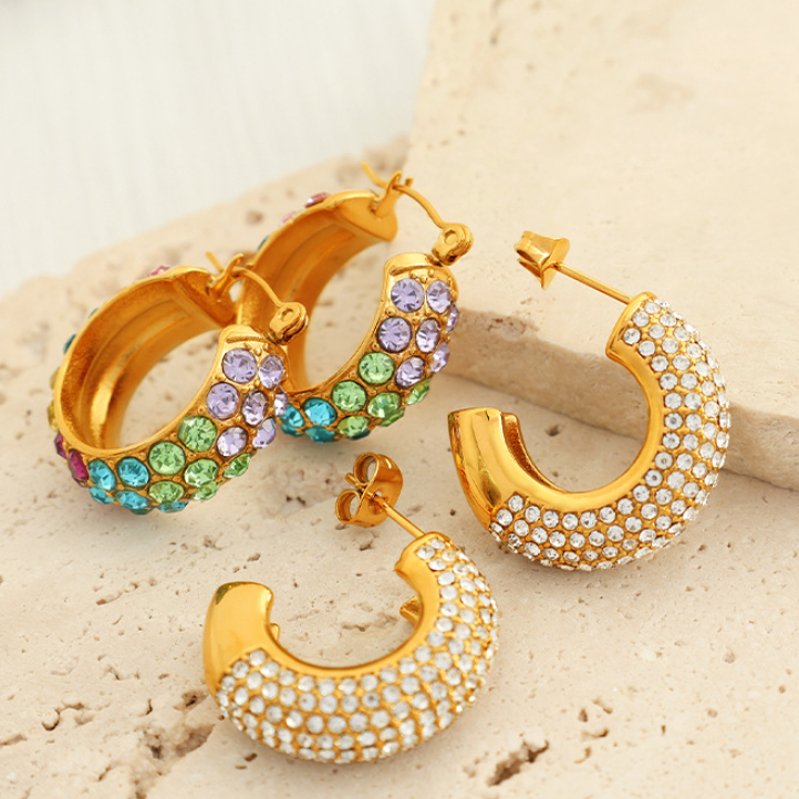 1 pair luxurious series simple geometric stainless steel gold color plated rhinestone women's hoop earrings h5Picture7
