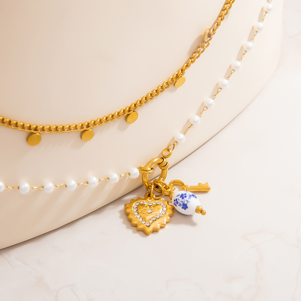 1 piece ethnic series elegant heart stainless steel  gold color plated artificial pearl women's pendant necklaces h5Picture8