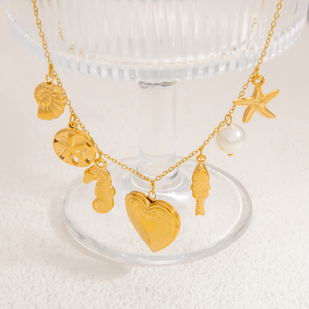 1 piece romantic series natural heart stainless steel  gold color plated artificial pearl women's pendant necklaces h5Picture6