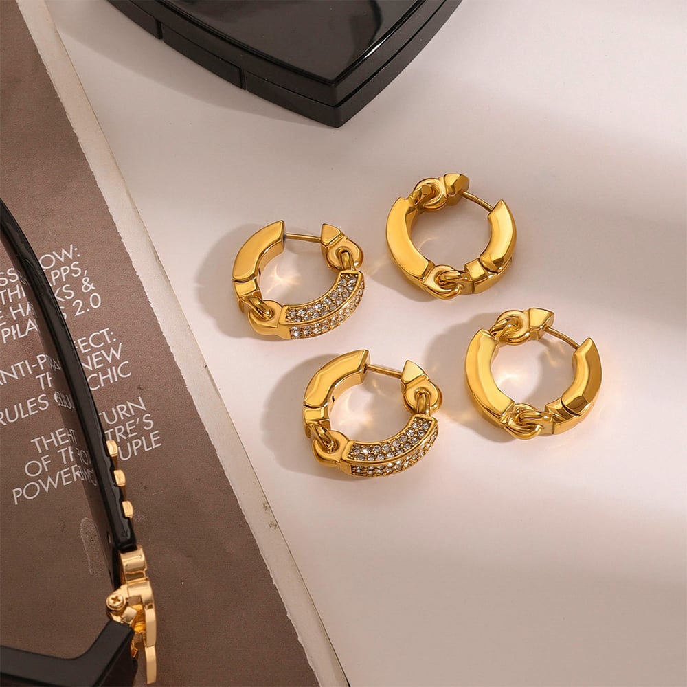 1 pair simple series elegant annular stainless steel  gold plated rhinestone women hoop earrings Picture8