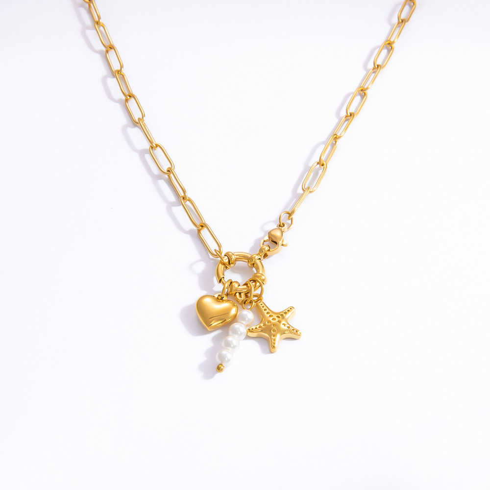 1 piece simple series elegant heart stainless steel  gold color plated artificial pearl women's pendant necklaces Picture6