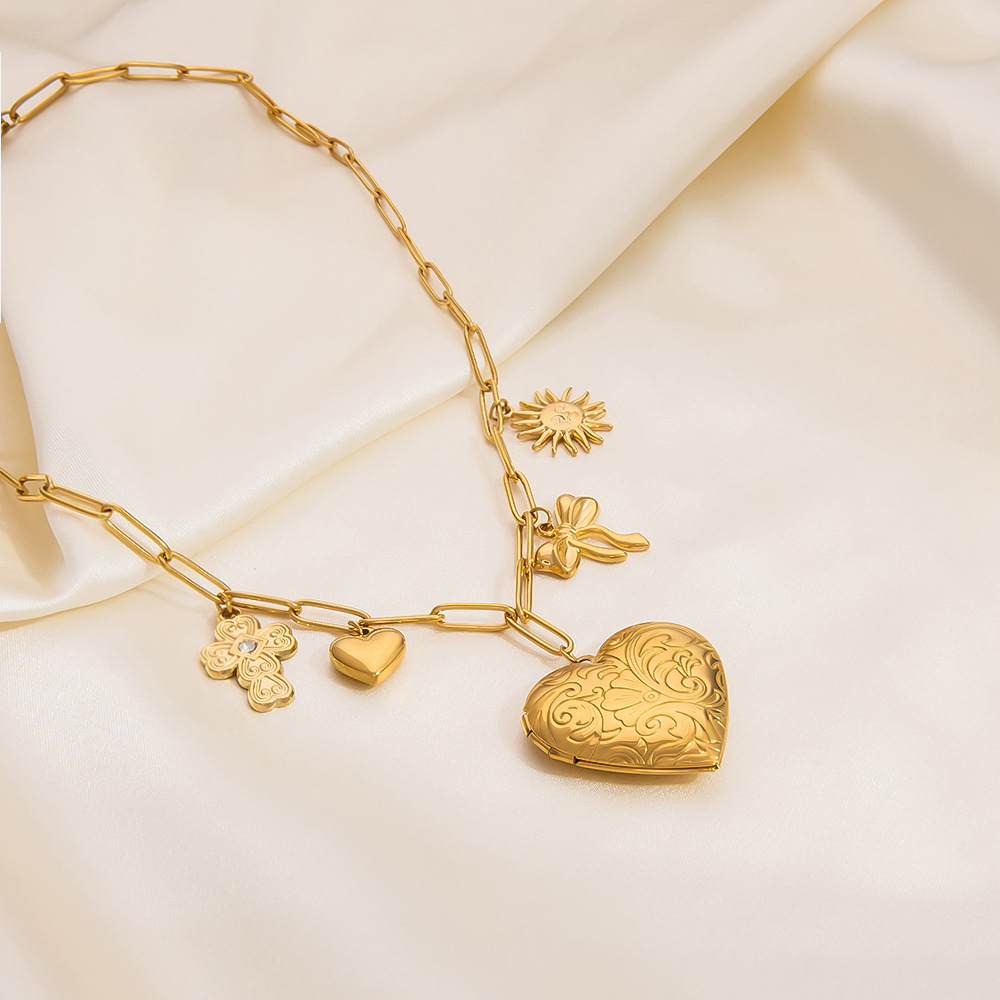 1 piece romantic series retro glossy heart stainless steel  gold color plated women's pendant necklaces h5Picture4