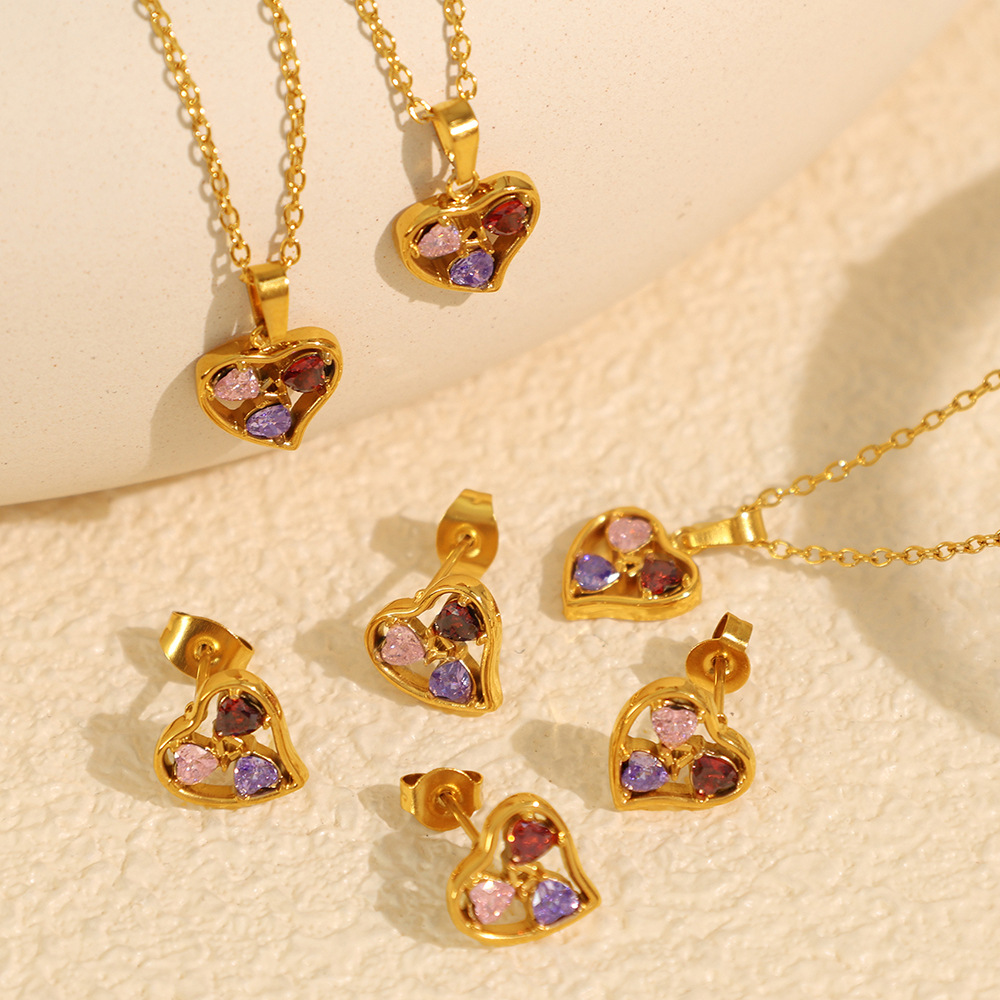 1 piece luxurious series trendy heart titanium steel  gold color plated rhinestone women's pendant necklaces h5Picture3