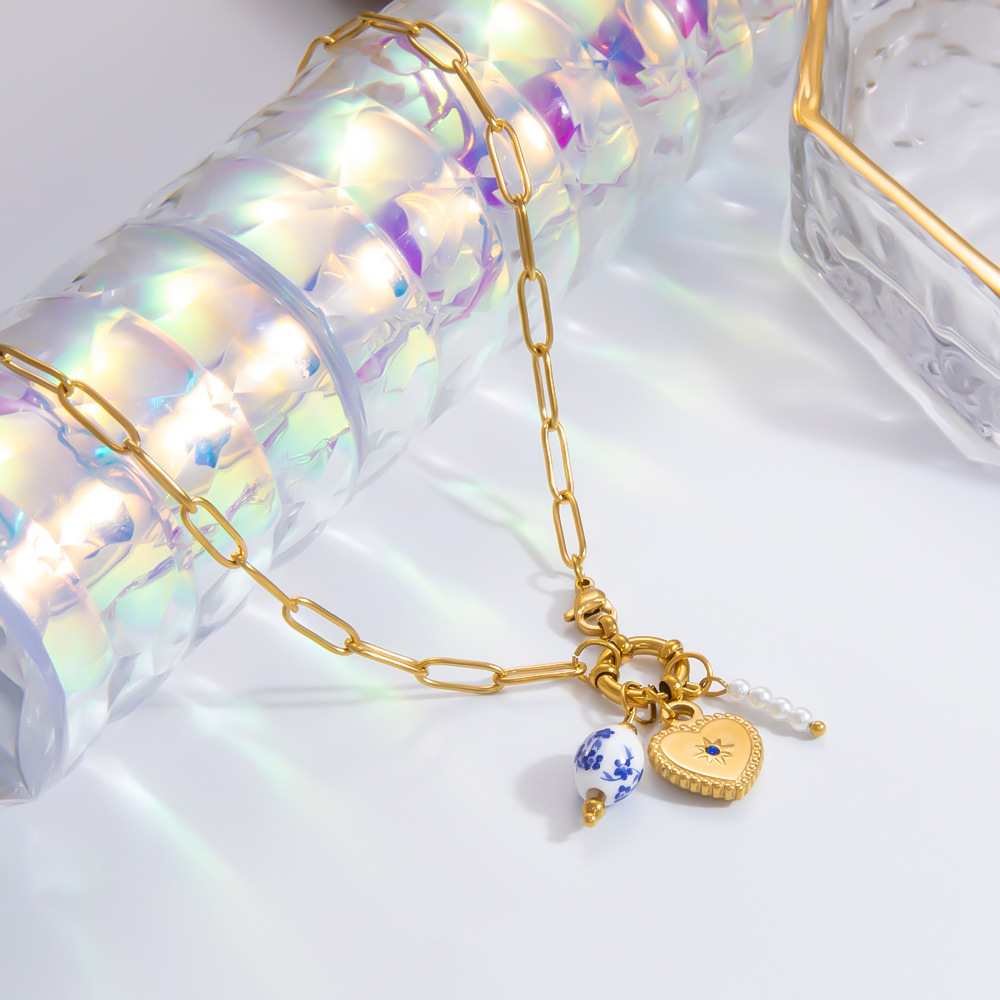 1 Piece Classic Series Porcelainous Heart Random Letters Stainless Steel Gold Color Artificial Pearl Women's Pendant Necklaces h5Picture4