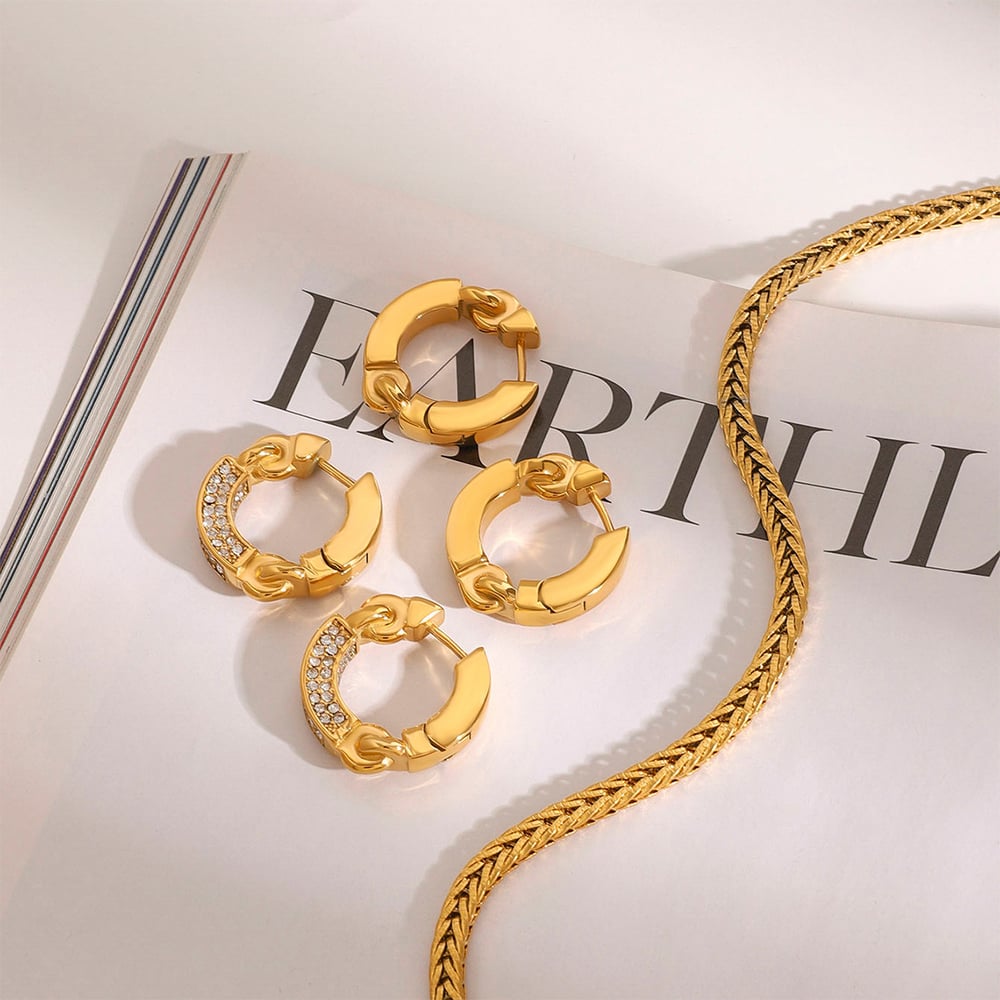 1 pair simple series elegant annular stainless steel  gold plated rhinestone women hoop earrings Picture9