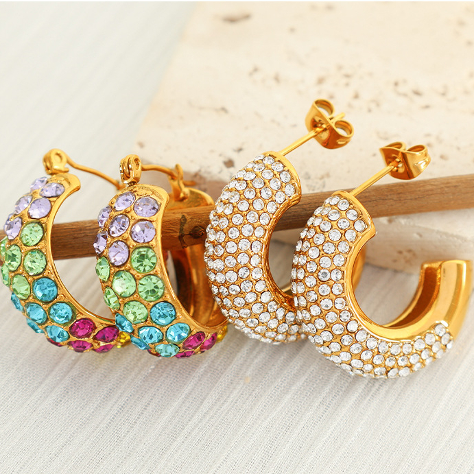 1 pair luxurious series simple geometric stainless steel gold color plated rhinestone women's hoop earrings h5Picture8