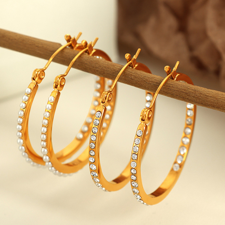 1 pair simple series retro geometric stainless steel  gold plated rhinestone women hoop earrings Picture3