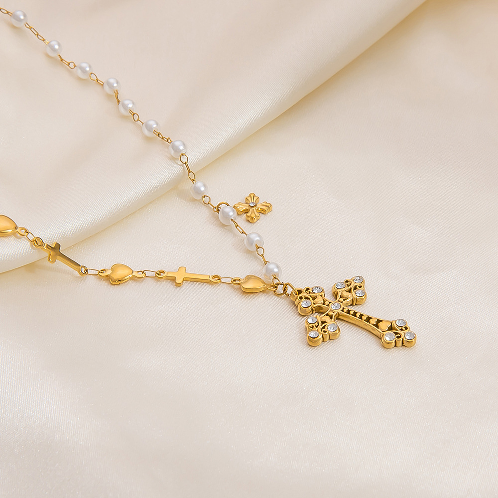 1 piece classic series daily cross stainless steel  gold color plated artificial pearl women's pendant necklaces h5Picture4