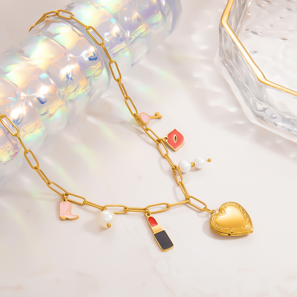 1 piece romantic series classic heart stainless steel  gold color plated artificial pearl women's pendant necklaces h5Picture4