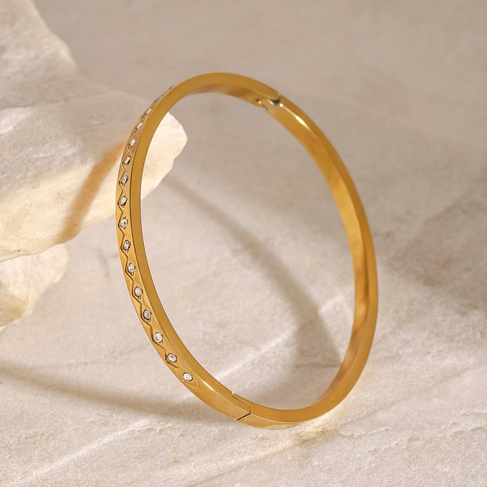 1 Piece Classic Series French Retro Rhombus Round Stainless Steel Gold Color Women's Bangles h5Picture5