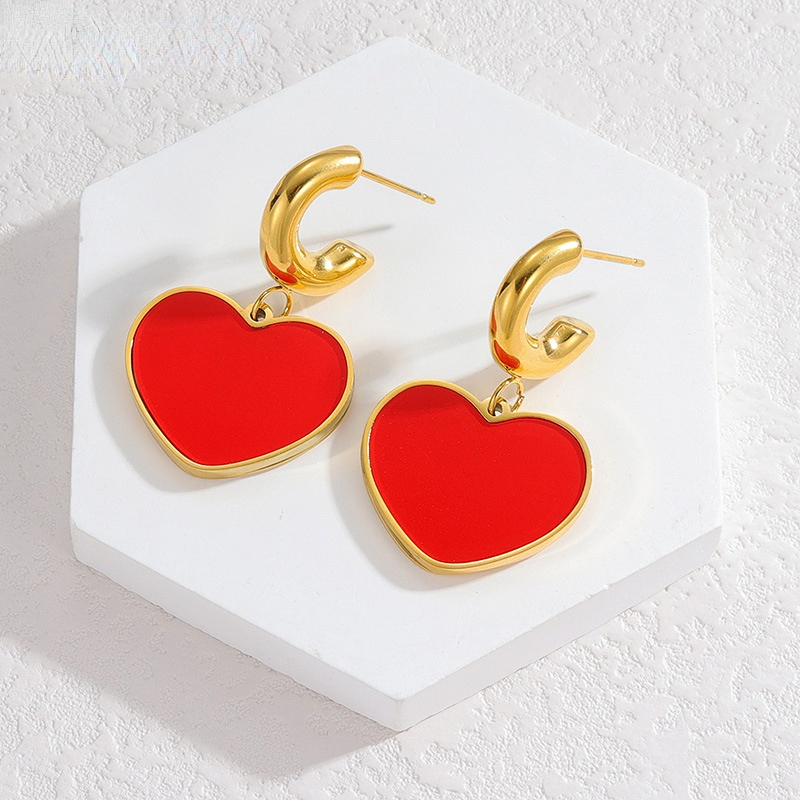 1 paio di orecchini pendenti da donna in acciaio inossidabile a forma di cuore dolce della serie Simple h5Immagine5