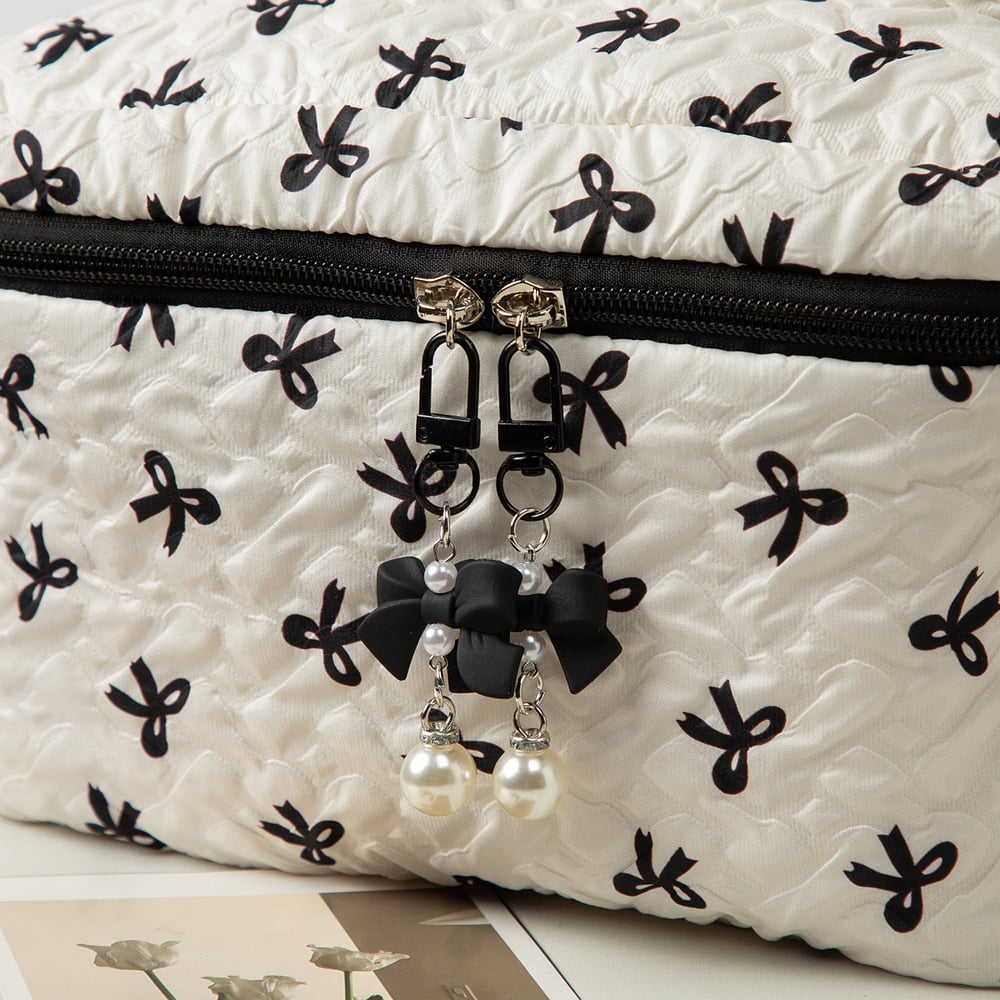 1 Piece Stylish Bowknot Portable Large Capacity Beauty Case With Random Printing Design Women's White Cosmetic Bags Picture4
