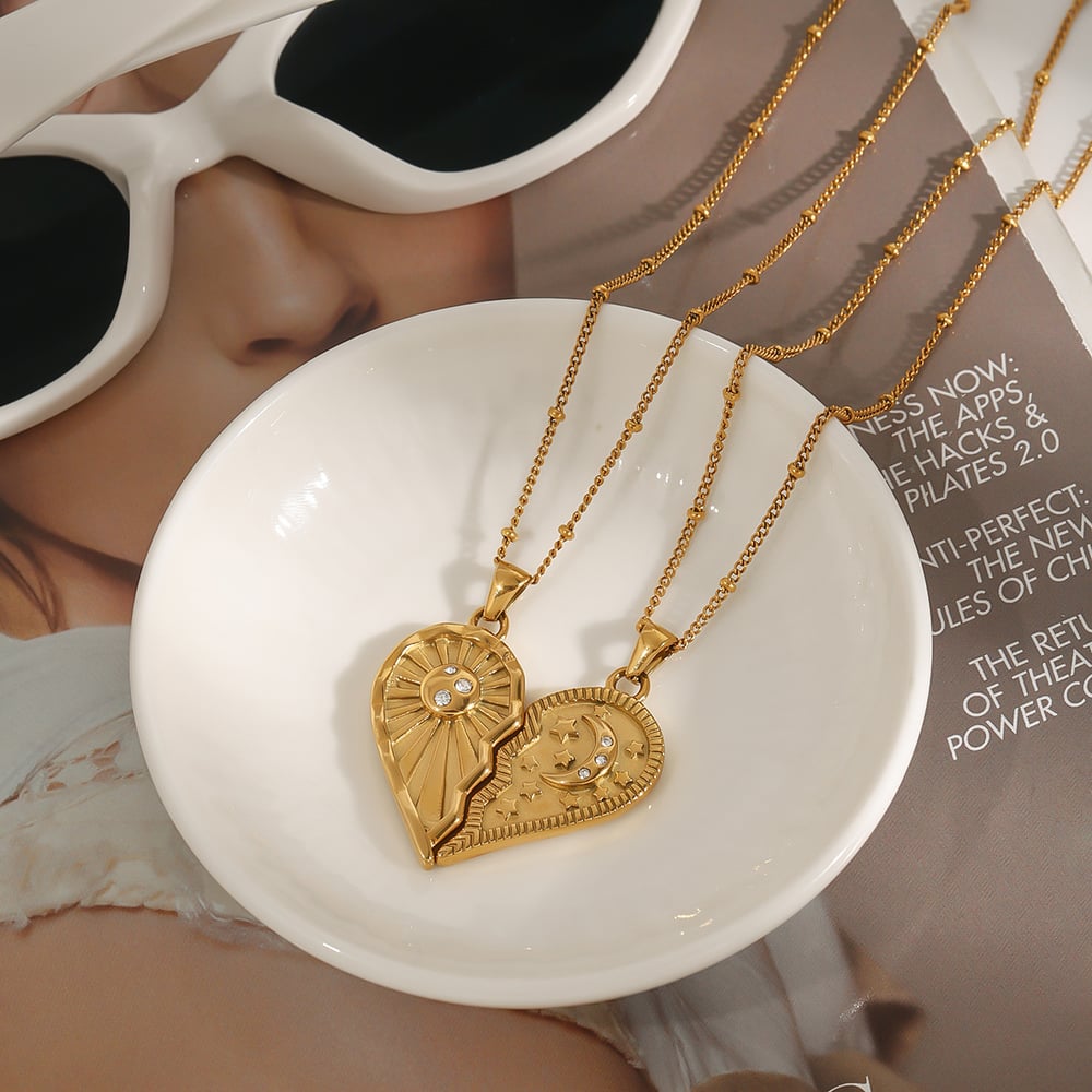 1 Piece Romantic Series Elegant Heart Couple Moon and Sun Stainless Steel Gold Color Women's Pendant Necklaces h5Picture7