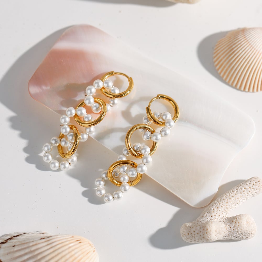 1 Pair Luxurious Series Elegant Circular Stainless Steel Gold Color Women's Beaded Drop Earrings h5Picture6