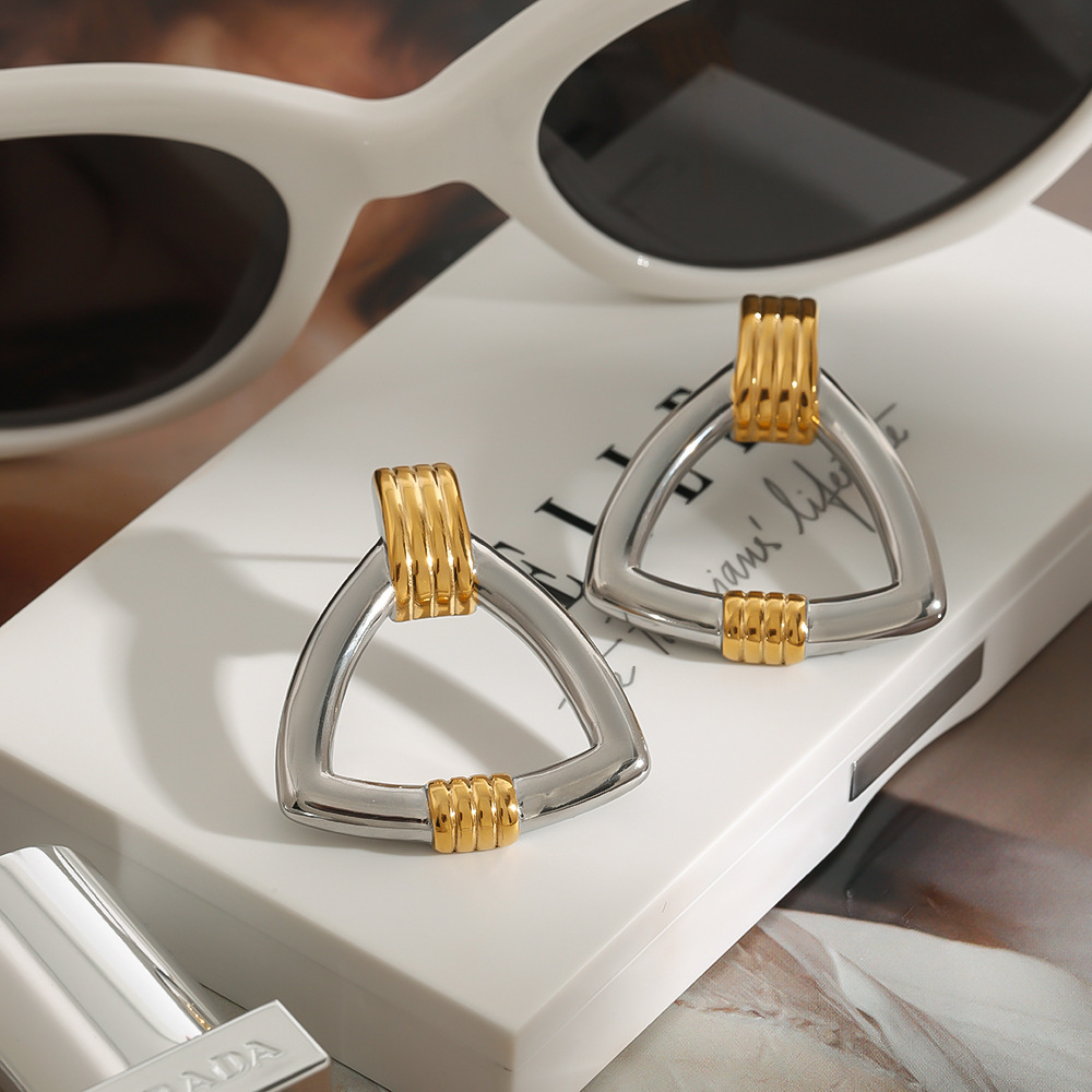 1 Pair Minimalist Series Classic Triangle Shape Stainless Steel Gold Color Women's Stud Earrings h5Picture8