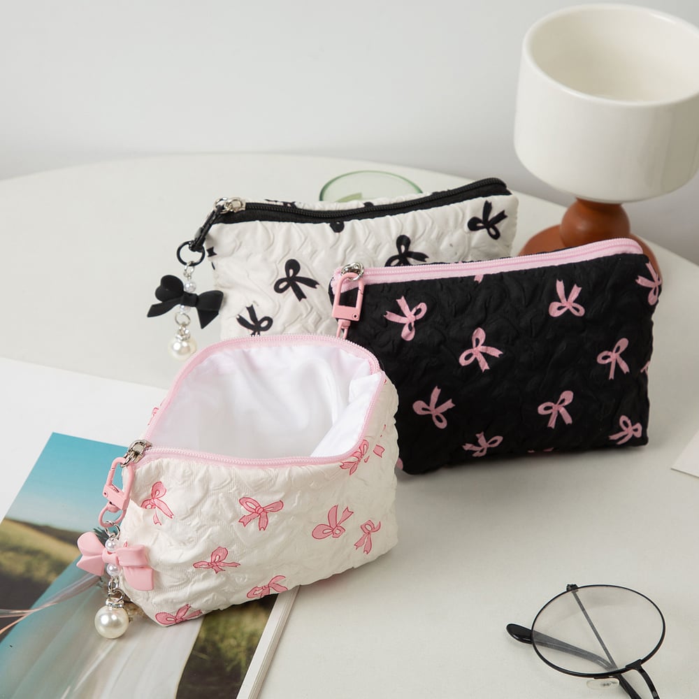 1 Piece Stylish Bowknot Portable Large Capacity Beauty Case With Random Printing Design Women's Pink Cosmetic Bags Picture7