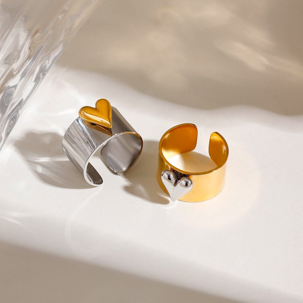 1 Pair Romantic Series Love Heart Fashionable Stainless Steel Gold and Silver Color Women's Adjustable Rings h5Picture7