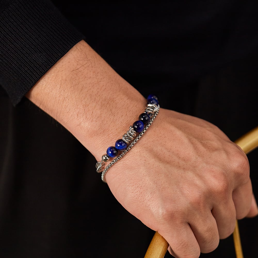 Pulseras de cuentas modernas de acero inoxidable azul para hombre (1 pieza) Imagen5