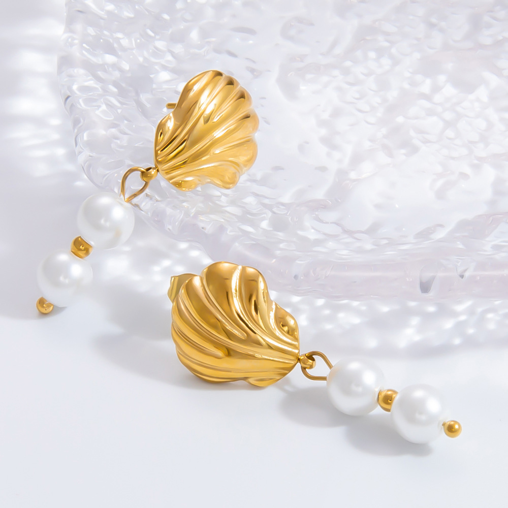 1 Pair Graceful Series Elegant Conch Shape Beads Stainless Steel Gold Color Women's Drop Earrings Picture5