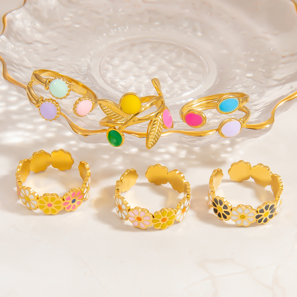 1 Piece Charming Series Chromatic Daisy Shape Oil- Glazing Stainless Steel Gold Color Women's Adjustable Rings Picture4