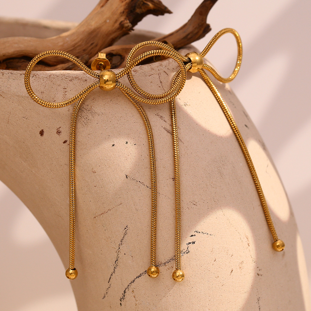 1 Pair Romantic Series Sweet Bow Knot Stainless Steel   Gold Color  Women's Drop Earrings h5Picture6