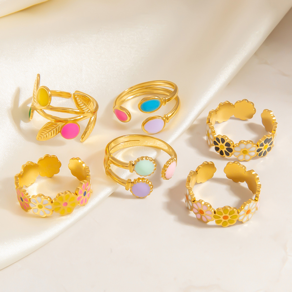 1 Piece Charming Series Chromatic Daisy Shape Oil- Glazing Stainless Steel Gold Color Women's Adjustable Rings Picture3