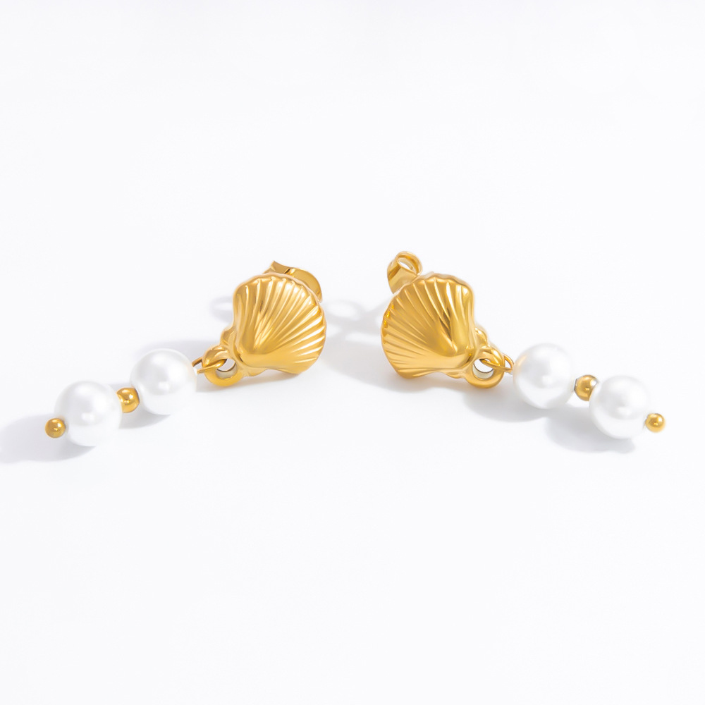 1 Pair Graceful Series Elegant Conch Shape Beads Stainless Steel Gold Color Women's Drop Earrings Picture7